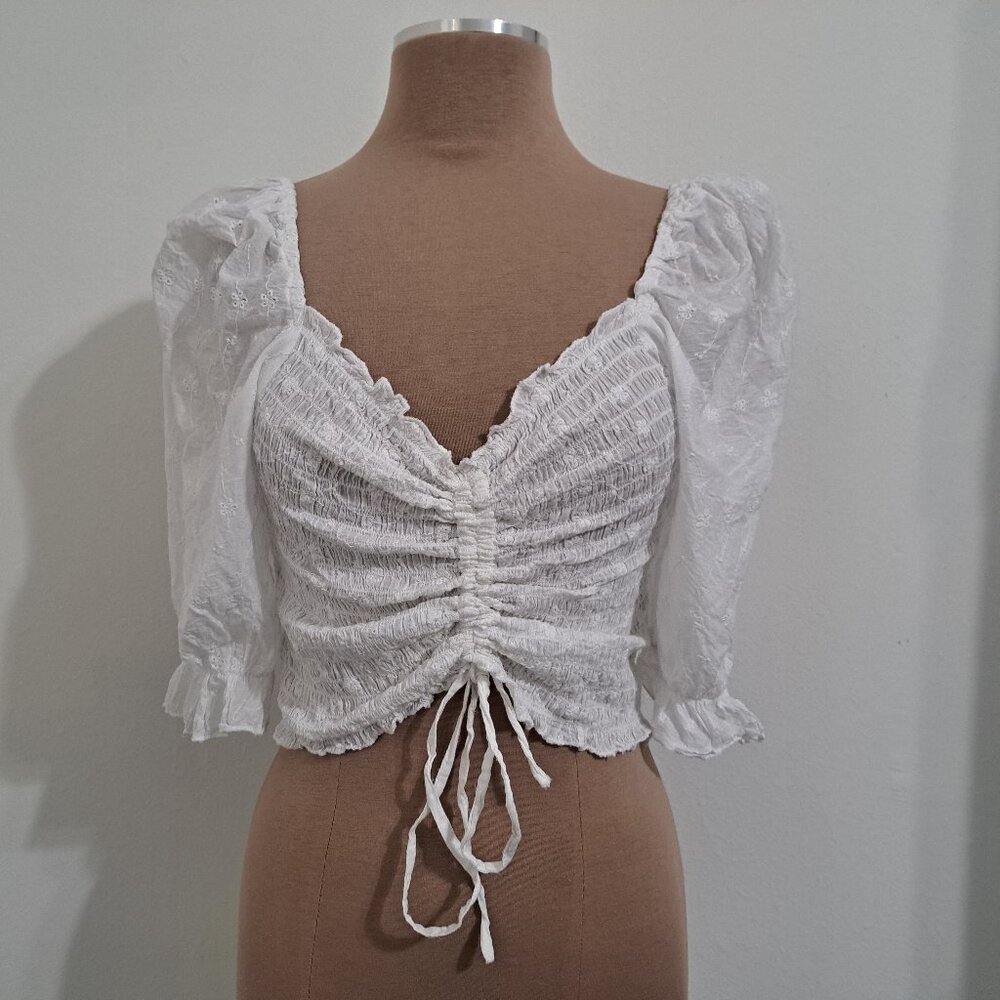 Who's That Girl? Camisole White Crop Top Cotton Eyelet 3/4 Sleeve Size L